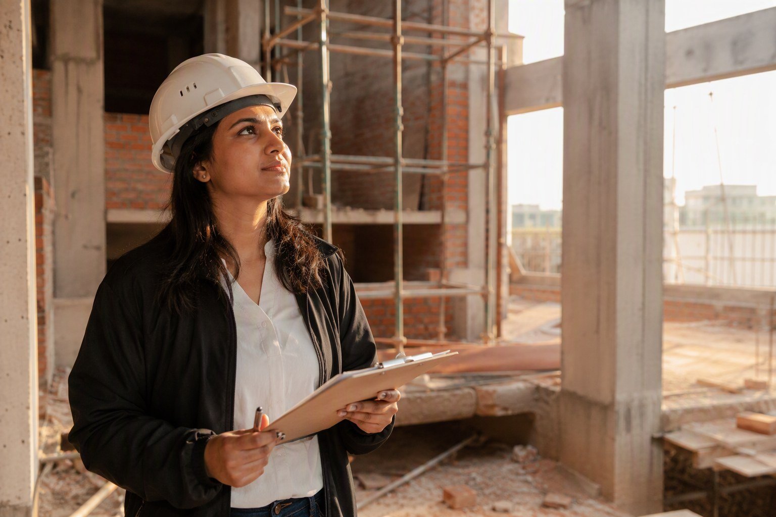 Architect from Evas Designs inspecting a builder floor under construction in DLF Phase 2 Gurugram with a clipboard