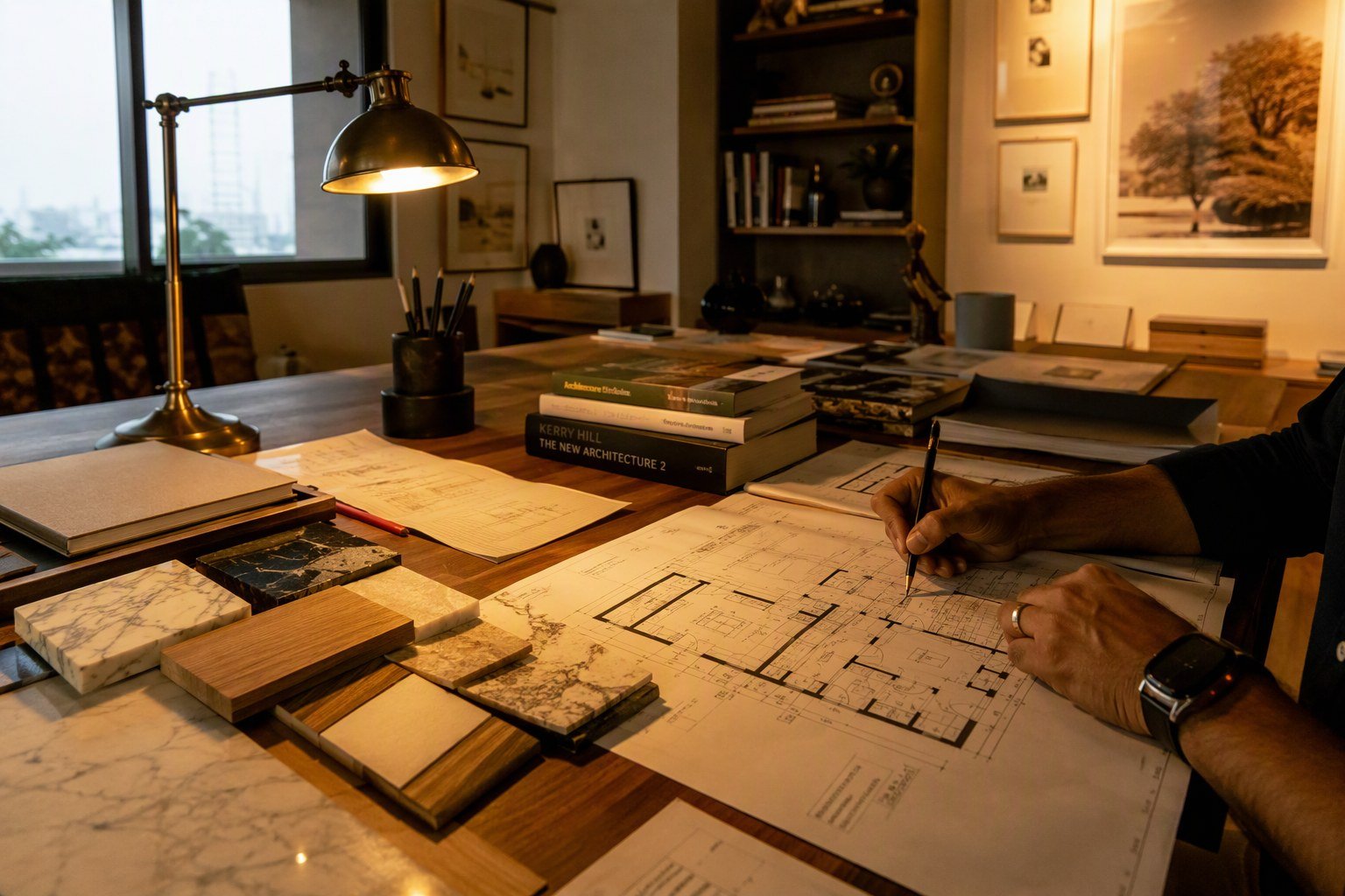 Architects at the Evas Designs studio in DLF Phase 3 Gurugram reviewing floor plan drawings and material samples