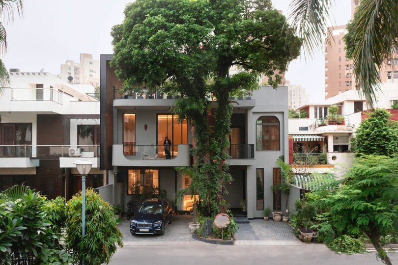 Renovated modern bungalow in Gurgaon with grey facade and mature tree — old house renovation with new exterior design