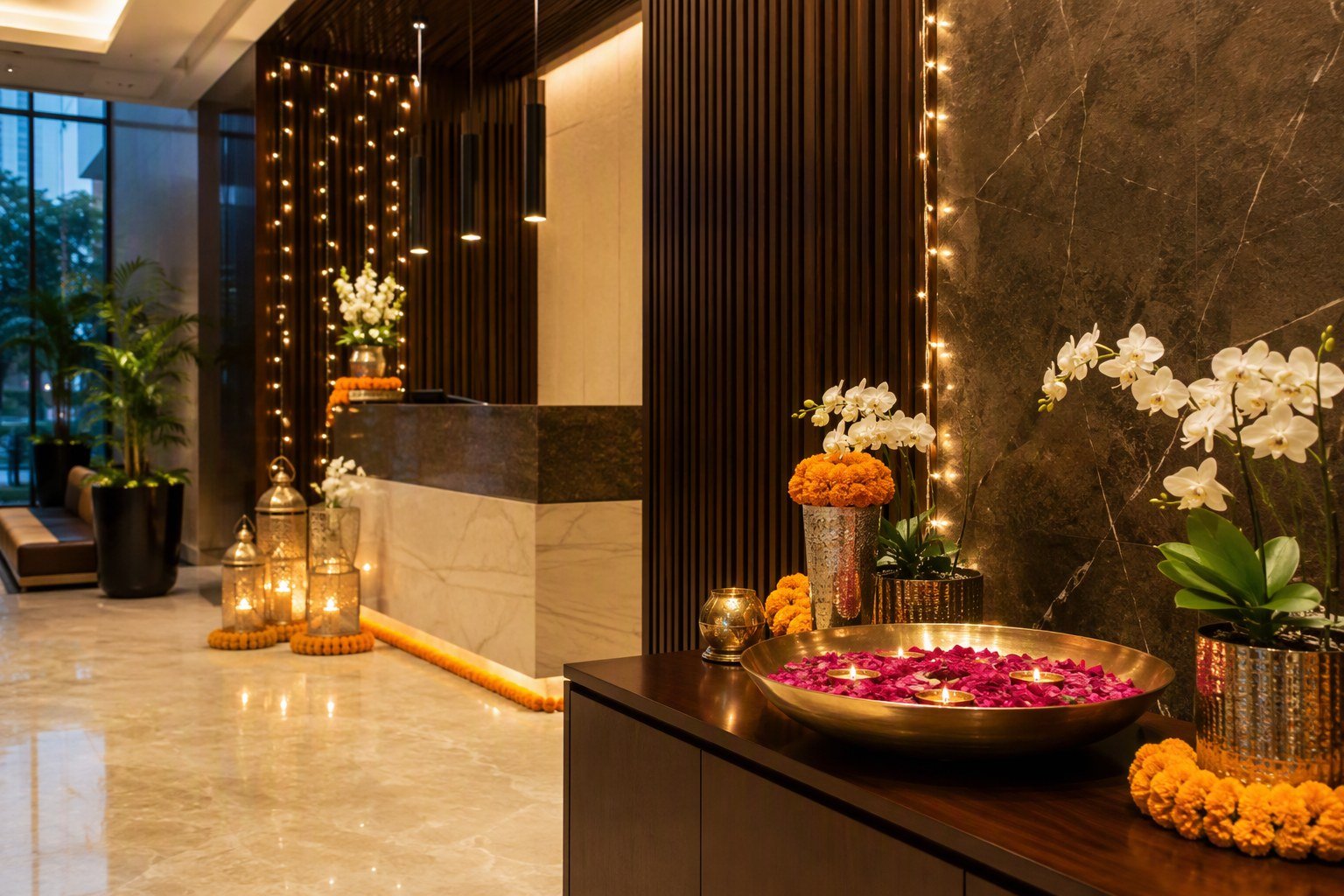 Premium Gurgaon office reception styled for Diwali with brass lanterns, orchid and marigold arrangements and a brass urli with floating petals