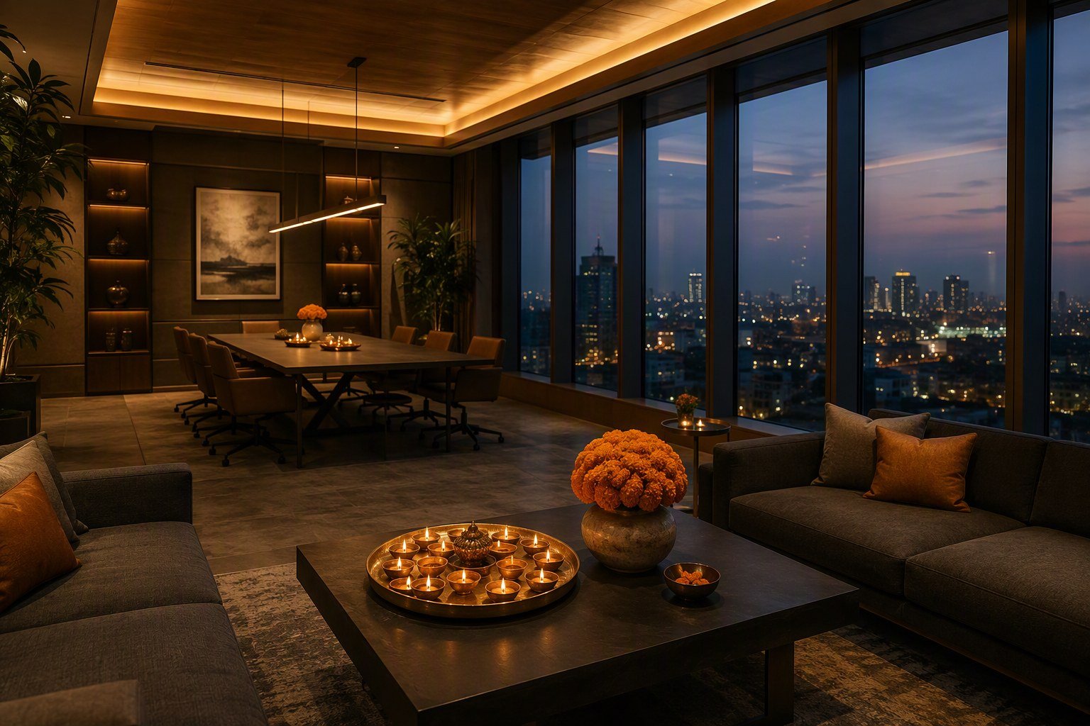 Gurgaon office break-out lounge with subtle Diwali styling, brass tray of diyas and warm layered light against charcoal and wood interiors