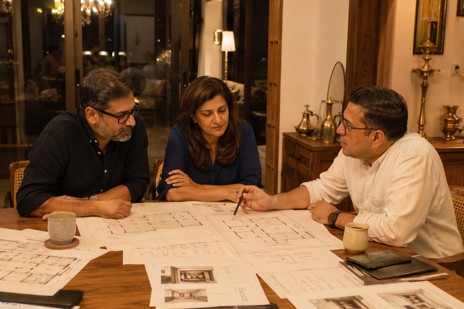 Homeowners in DLF Phase 2 Gurugram reviewing floor plans and drawings with an Evas Designs architect over chai