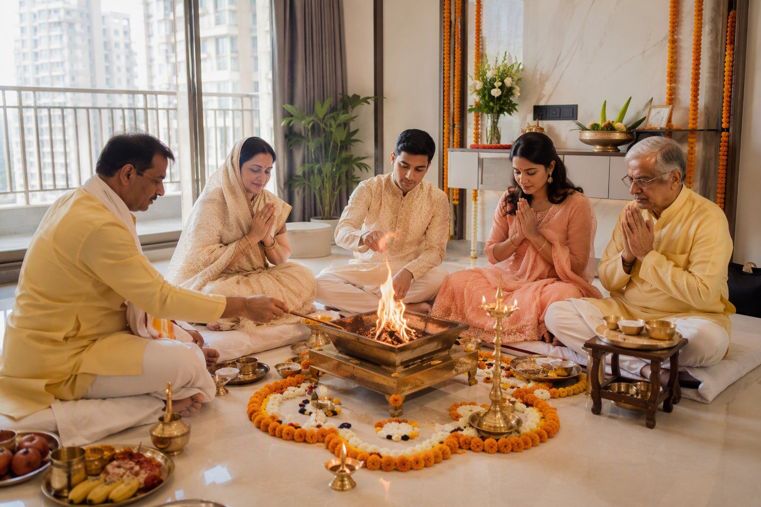 Family performing a havan ceremony in a new modern home in Gurugram with a brass havan kund and marigold garlands