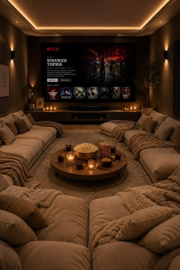 Premium entertainment room with acoustic panelling and layered lighting by Evas Designs in Gurugram