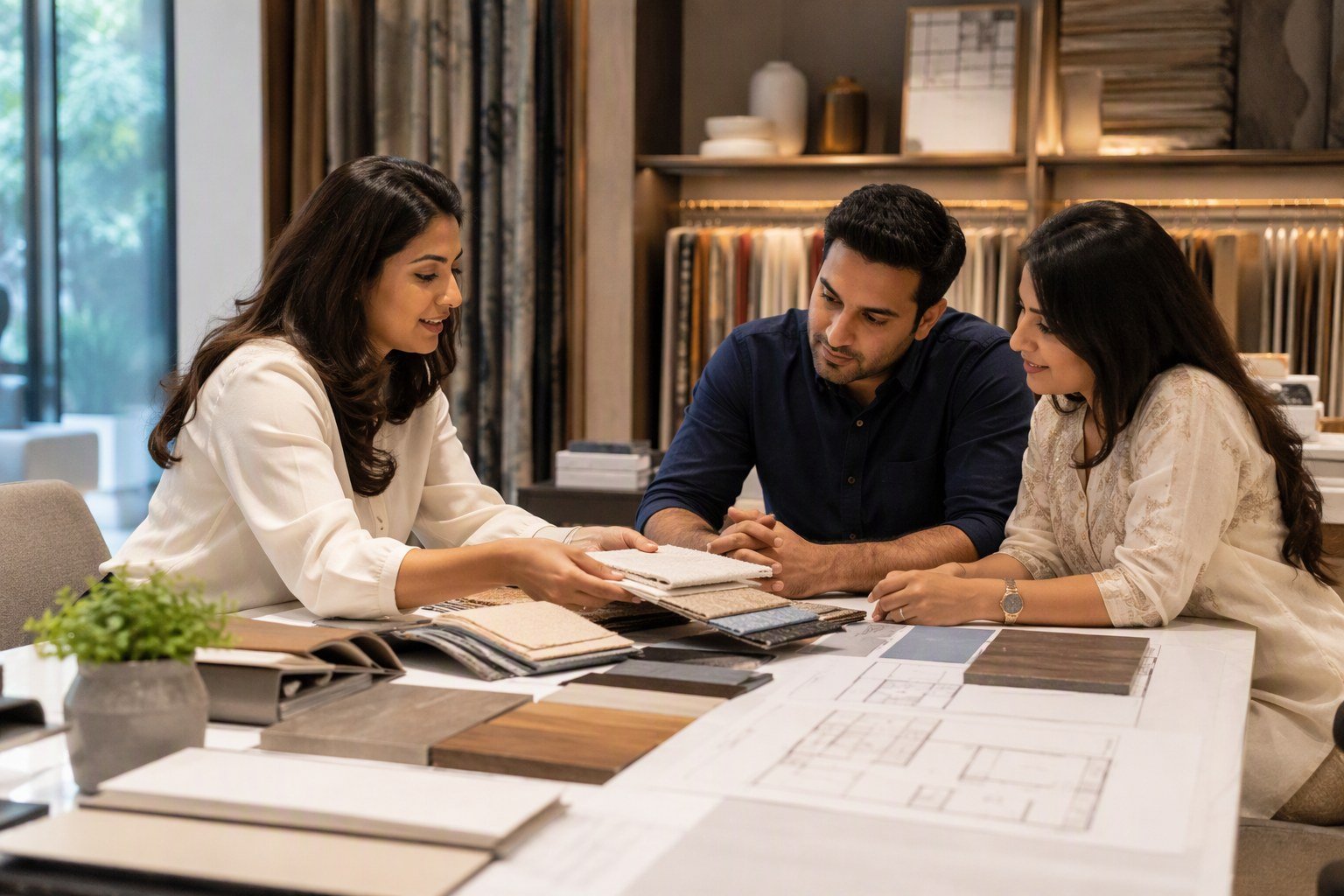 Interior design consultation at Evas Designs studio in Gurgaon with material samples, fabric swatches and floor plans on the table