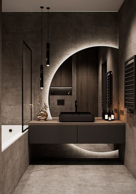 Luxury bathroom vanity with backlit mirror and floating counter designed by Evas Designs in Gurugram
