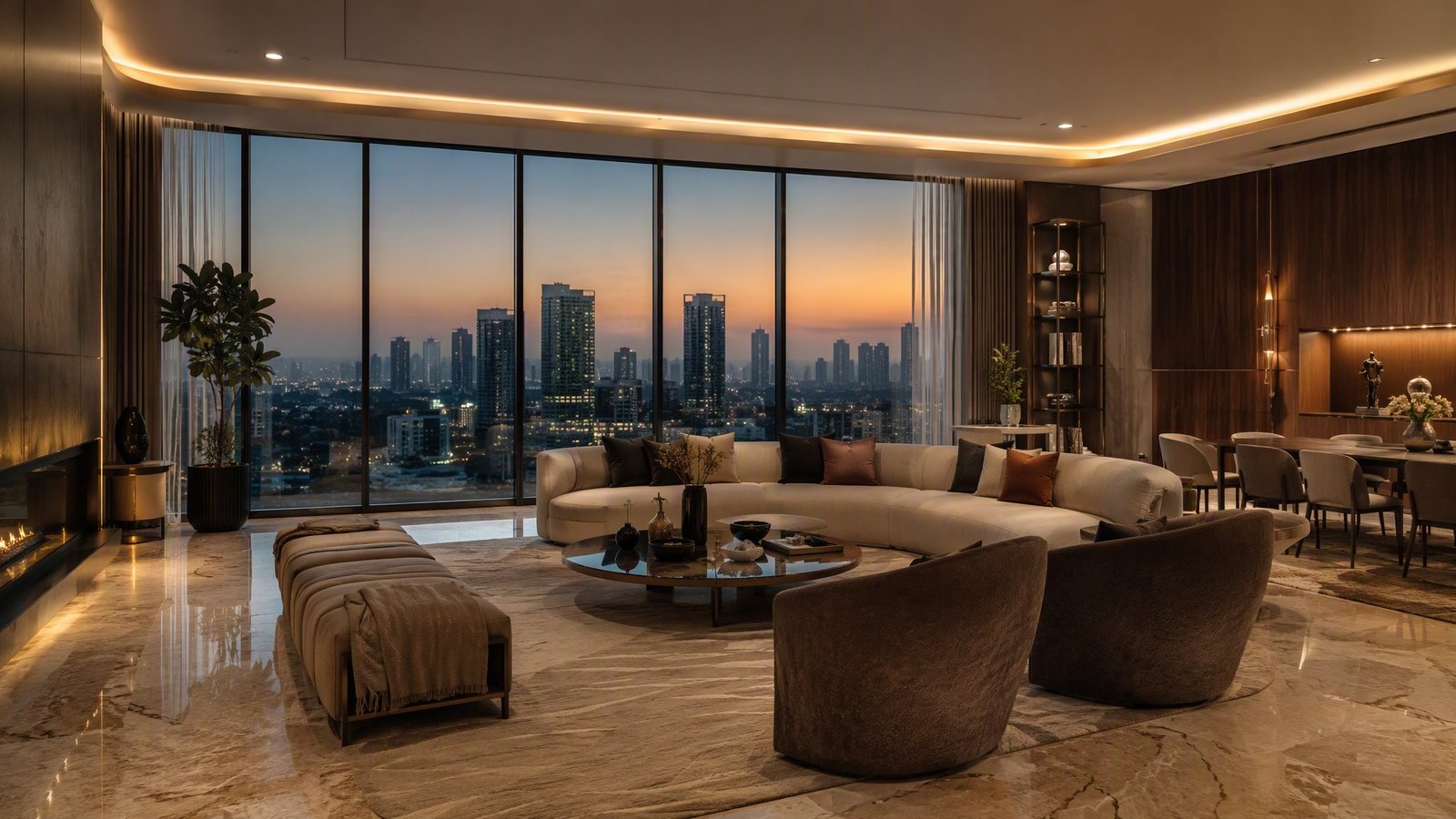 Luxury flat living room interior in Gurgaon by Evas Designs with skyline view, italian marble, walnut panelling and brass accents