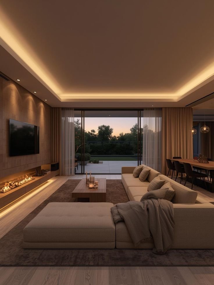 Luxury lounge-style living room with warm lighting and premium finishes by Evas Designs in Gurugram