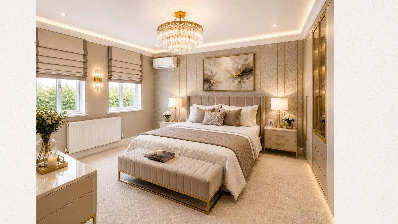 Luxury master bedroom interior design by Evas Designs in Gurgaon — champagne palette, crystal chandelier, upholstered bed and brass detailing
