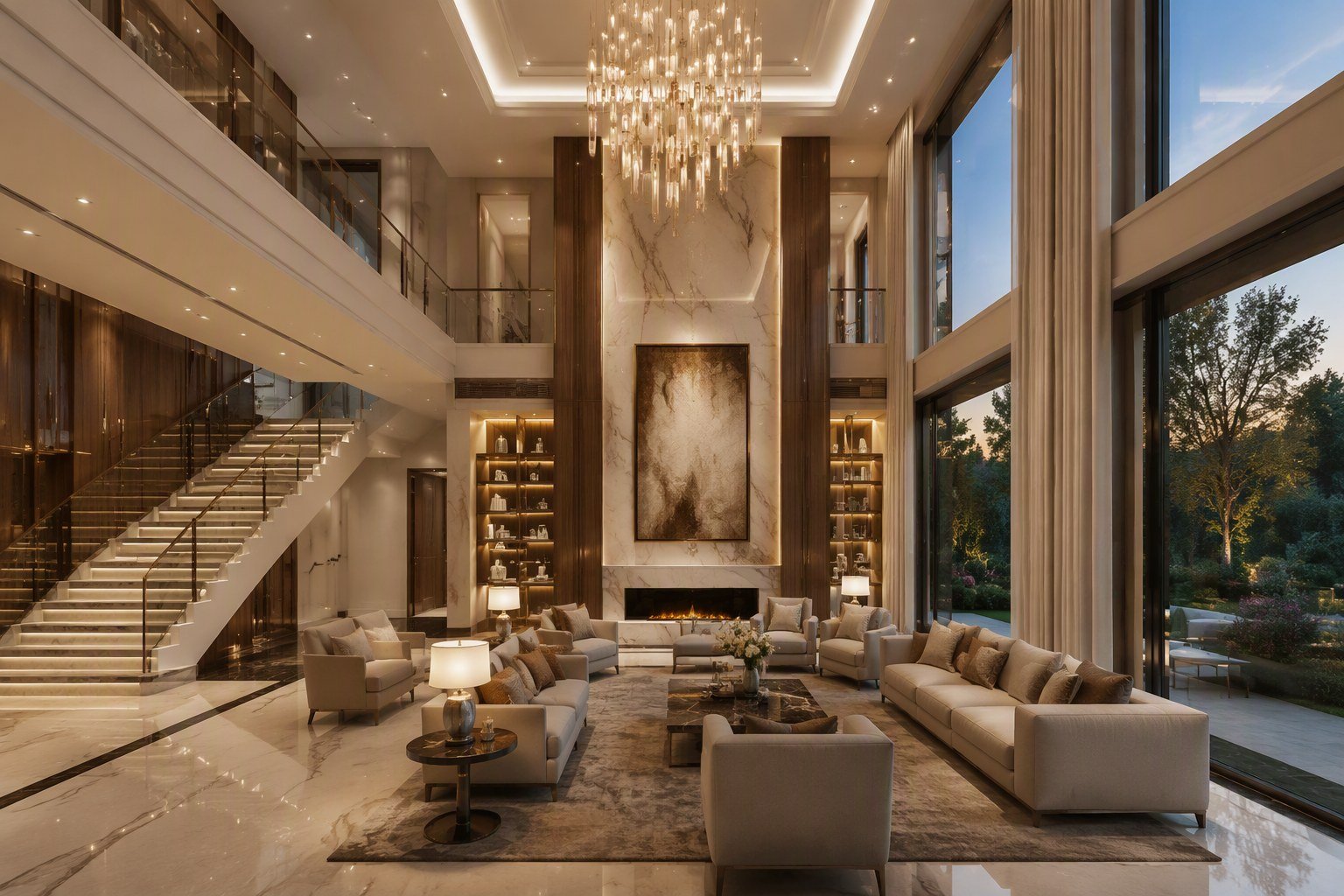 Double-height living room of a luxury villa in Gurgaon with grand staircase and chandelier, designed and built by Evas Designs