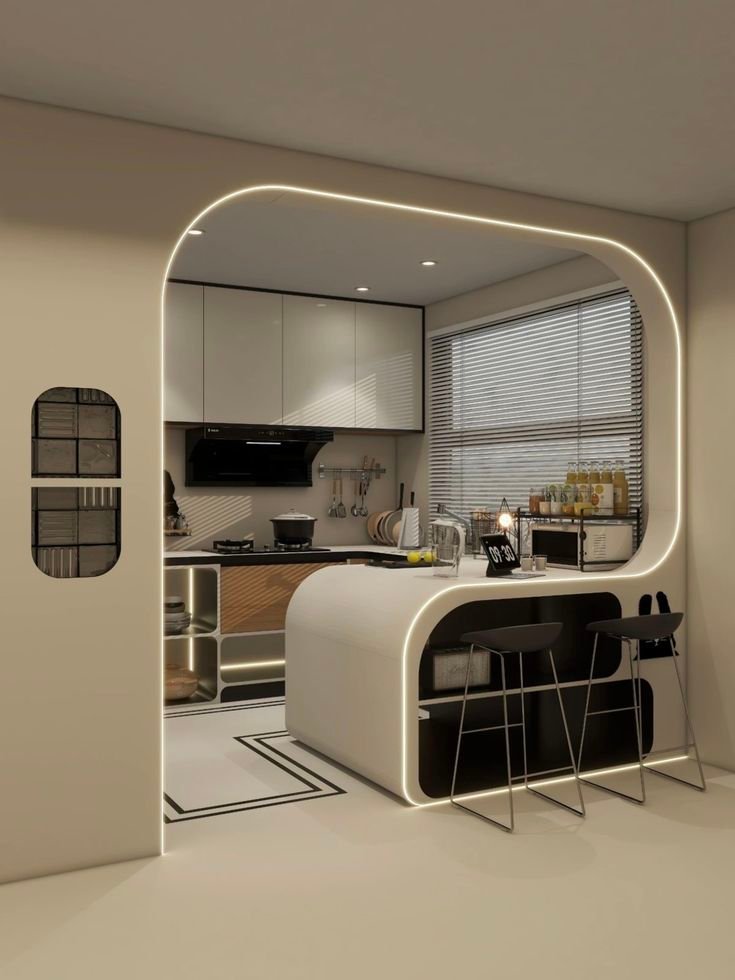 Modern luxury kitchen interior with curved island and lighting designed by Evas Designs in Delhi NCR