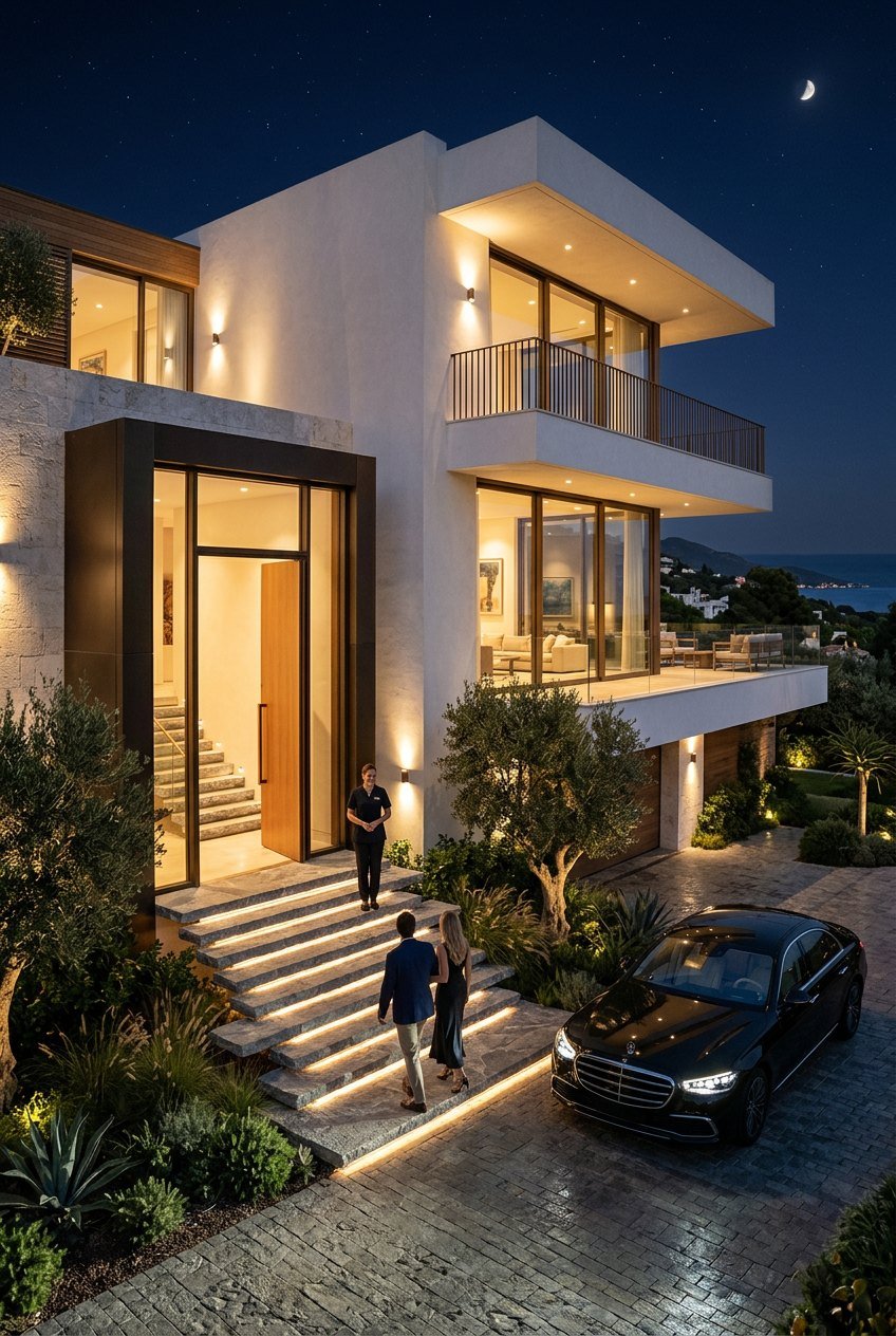 Modern luxury villa architecture designed by Evas Designs in Gurgaon — illuminated evening elevation with floating entrance steps and landscaped forecourt