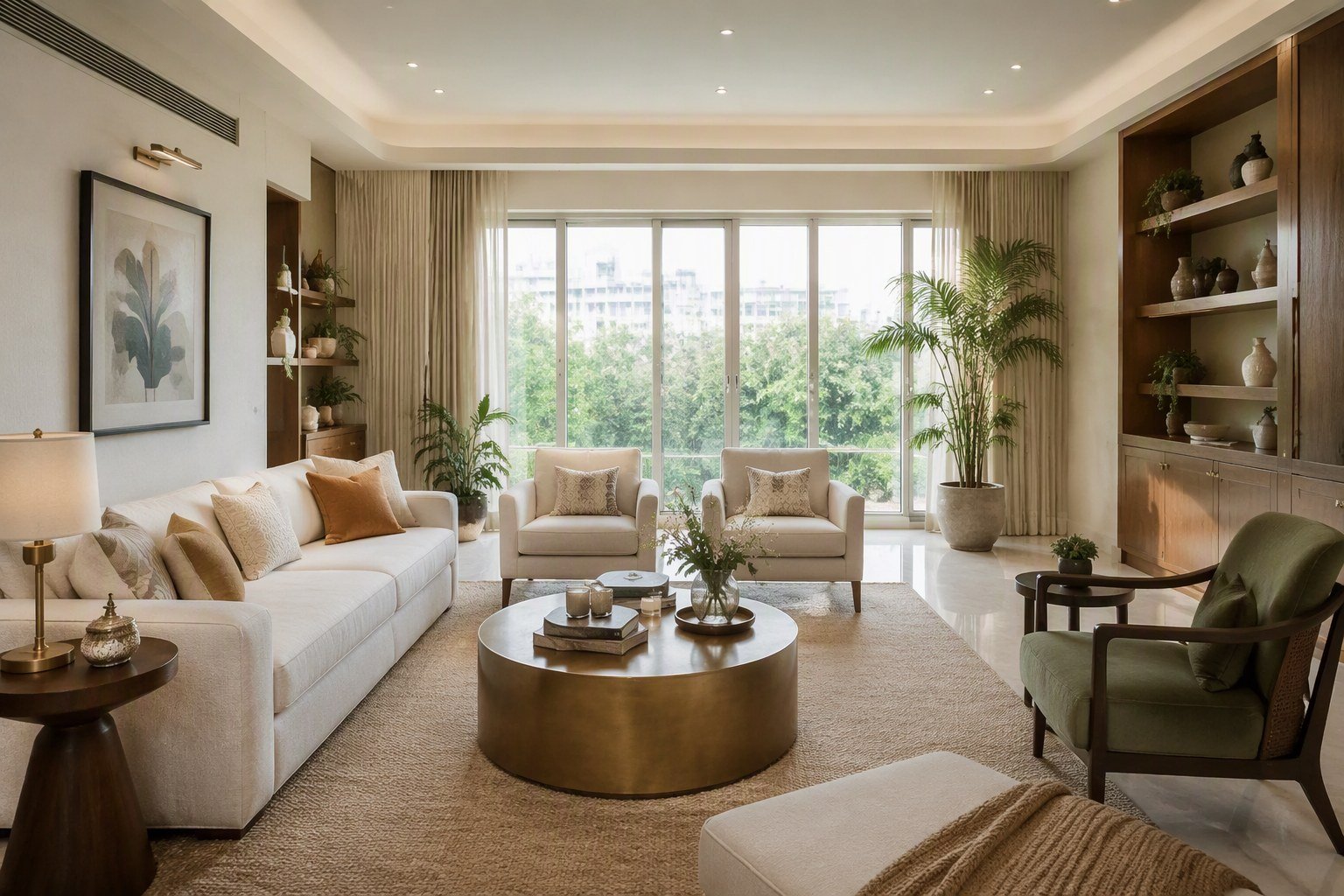 Bright north-facing living room in a premium Gurgaon home by Evas Designs with soft even daylight, cream sofa and brass accents