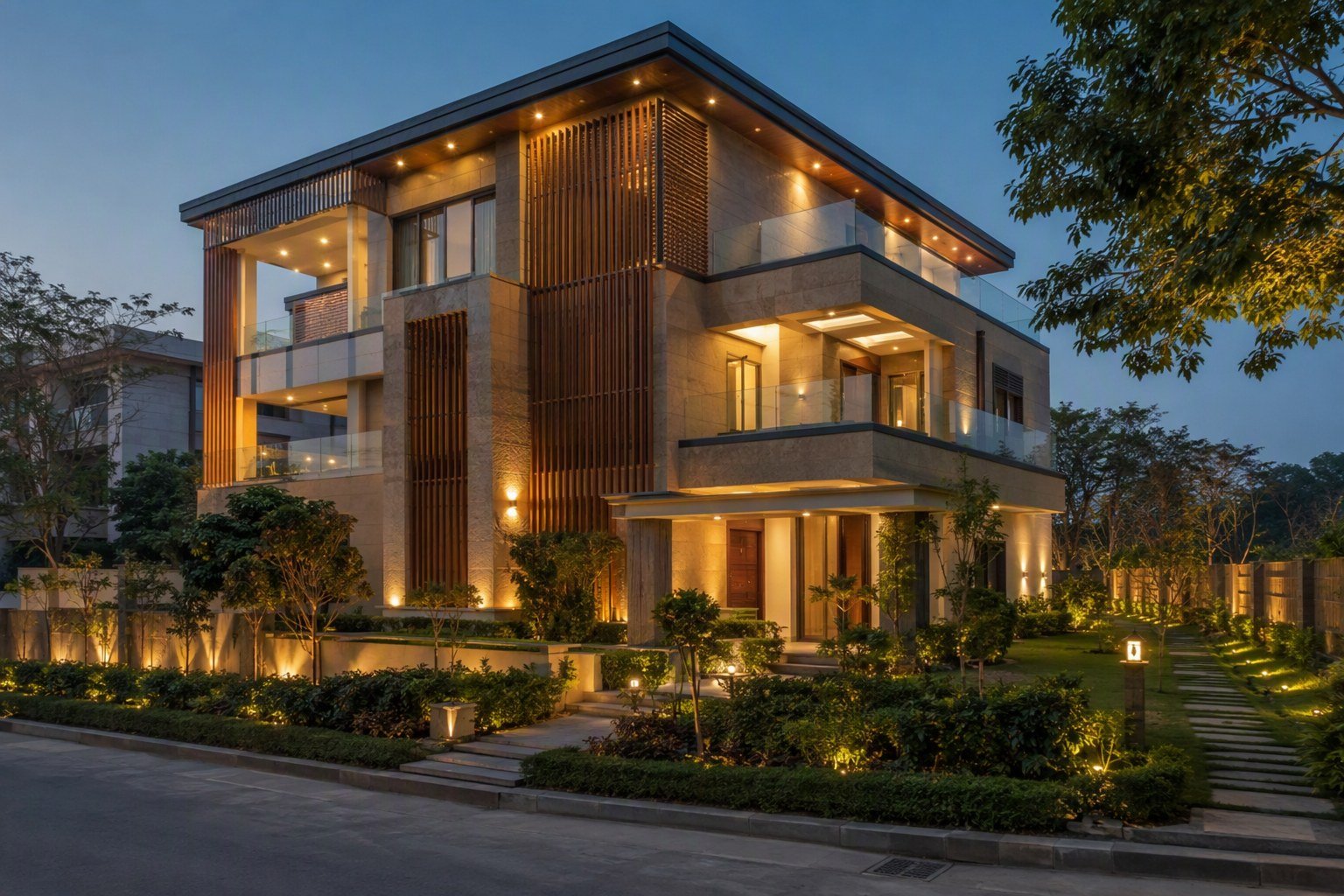 Modern stilt-plus-floors villa in sandstone, wood jaali screens and glass, an example of what full rebuilds on DLF Phase 1 plots become
