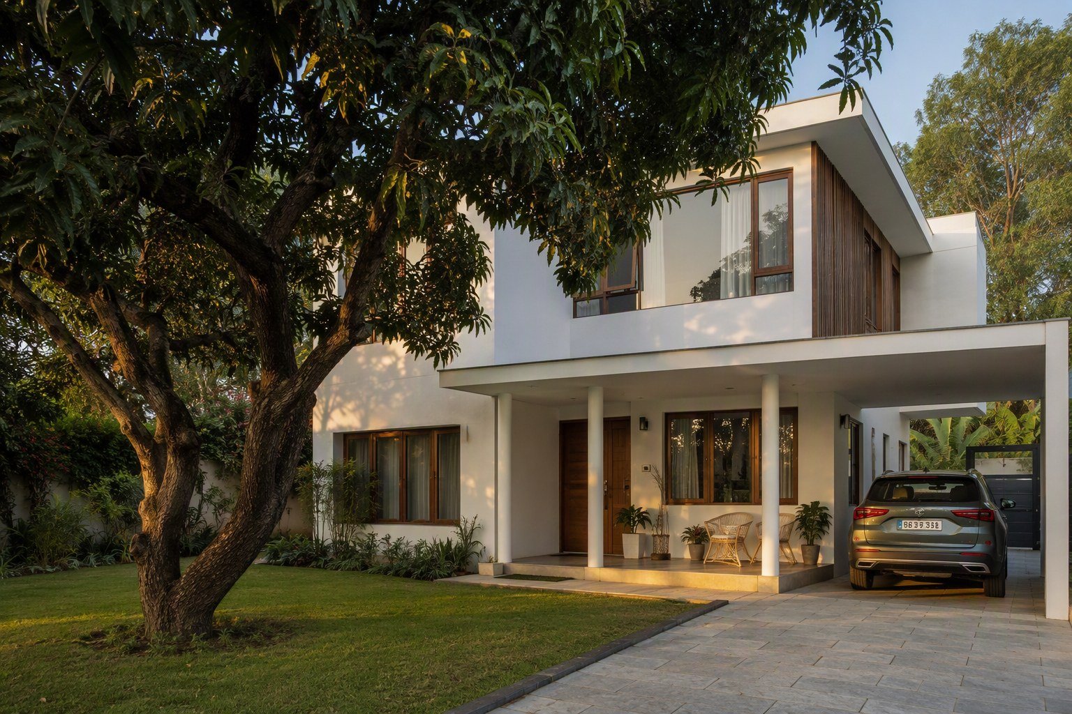 Renovated Gurugram bungalow with white and teak facade, deep veranda and a retained mature mango tree