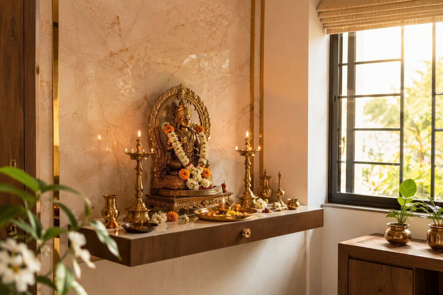 East facing pooja corner of a new home with morning sunlight, brass lamps and fresh flowers, showing good Vastu placement