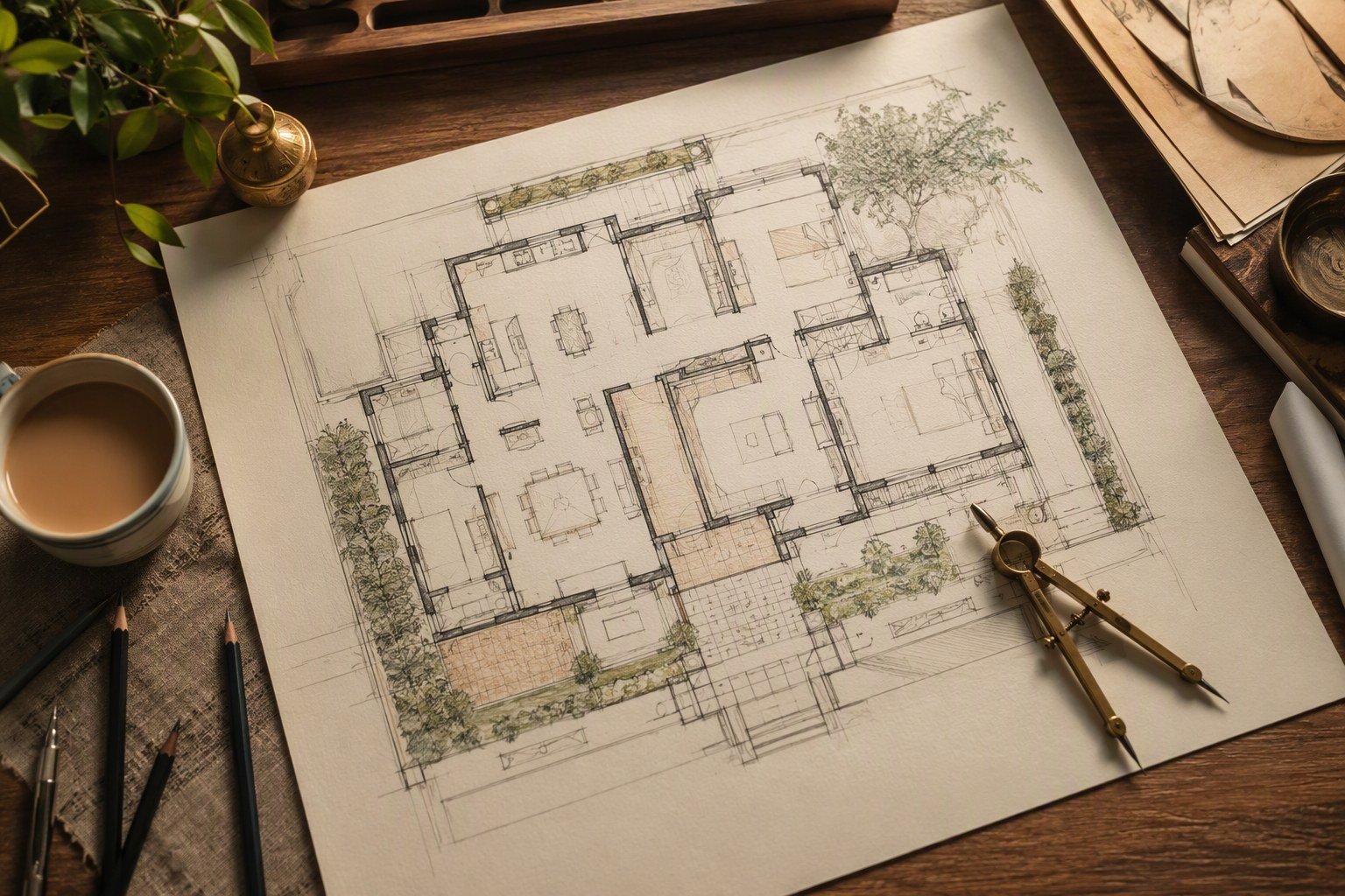 Architect desk at Evas Designs with a house floor plan and brass compass, marking Vastu zones for a north-facing home in Delhi NCR